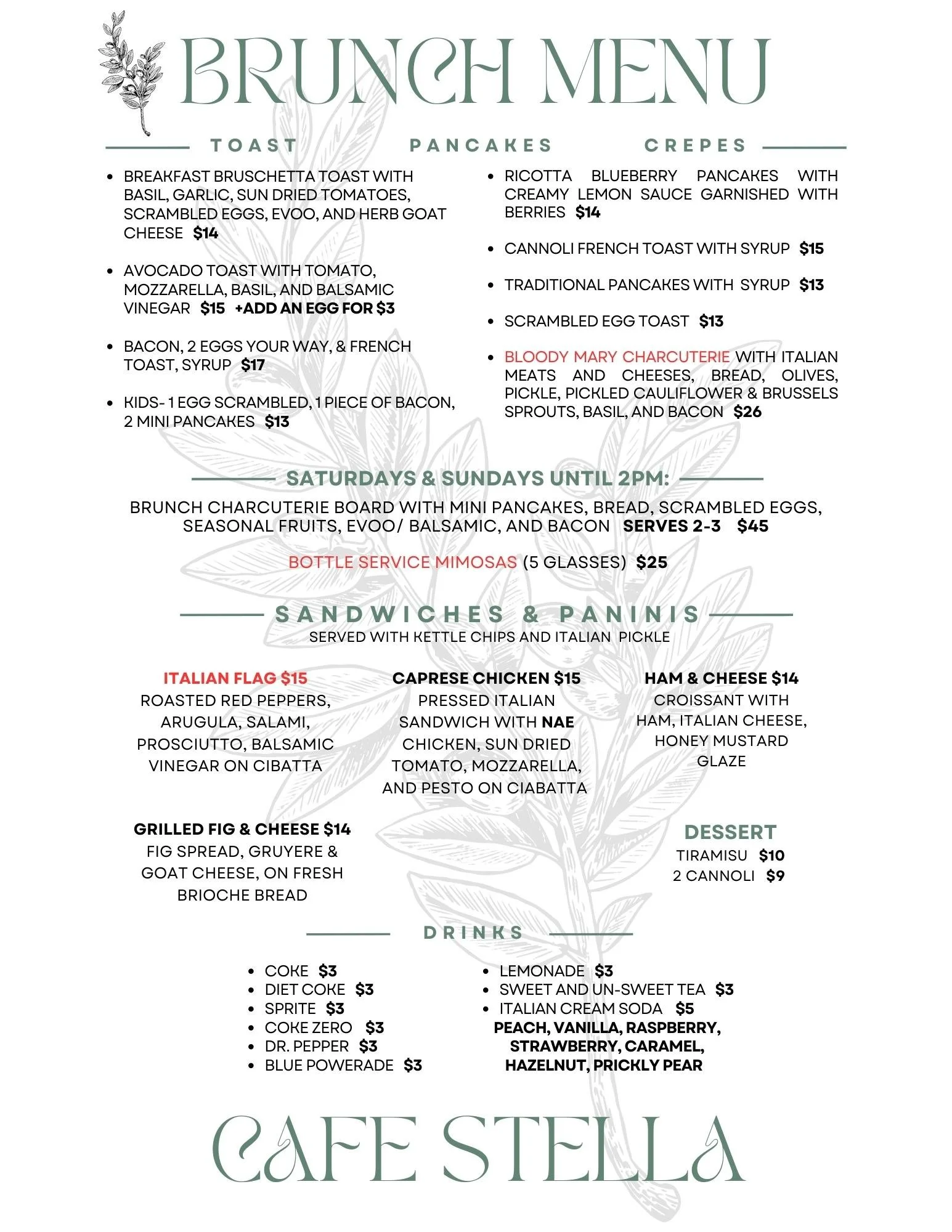 Brunch online cafe menu